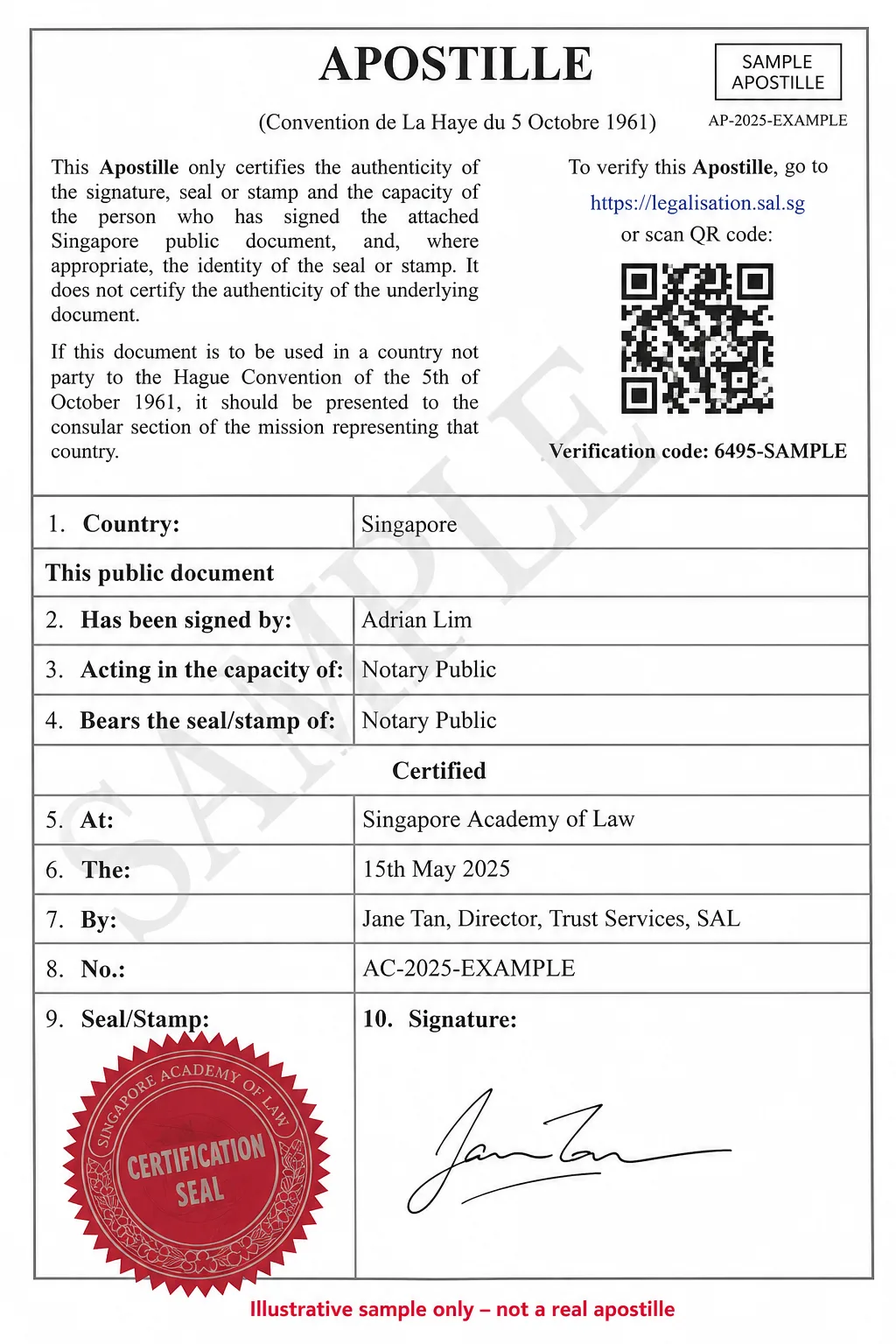 Contoh apostille Singapura daripada Akademi Undang-undang Singapura