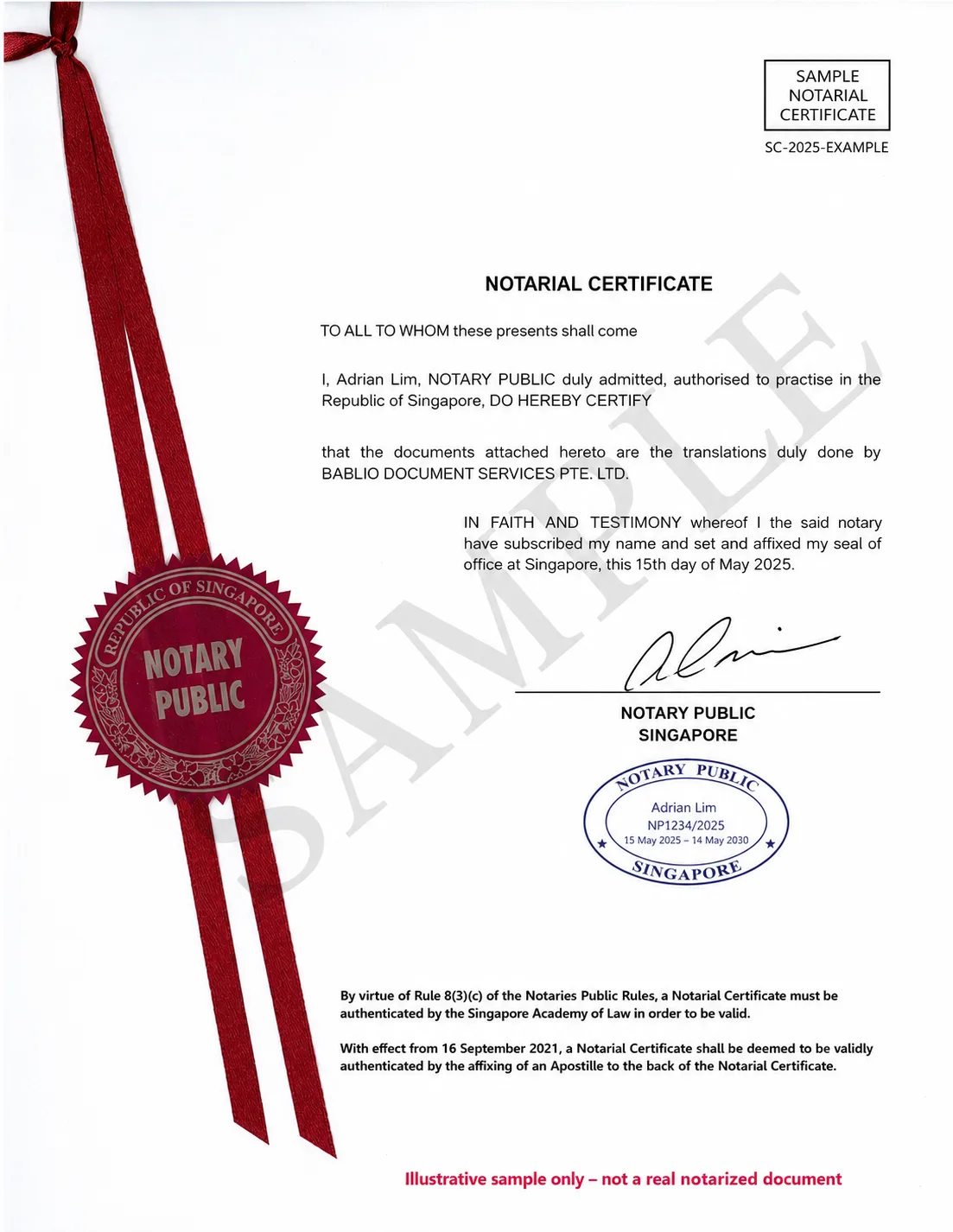 Contoh sijil notari untuk penterjemahan berdaftar di Singapura